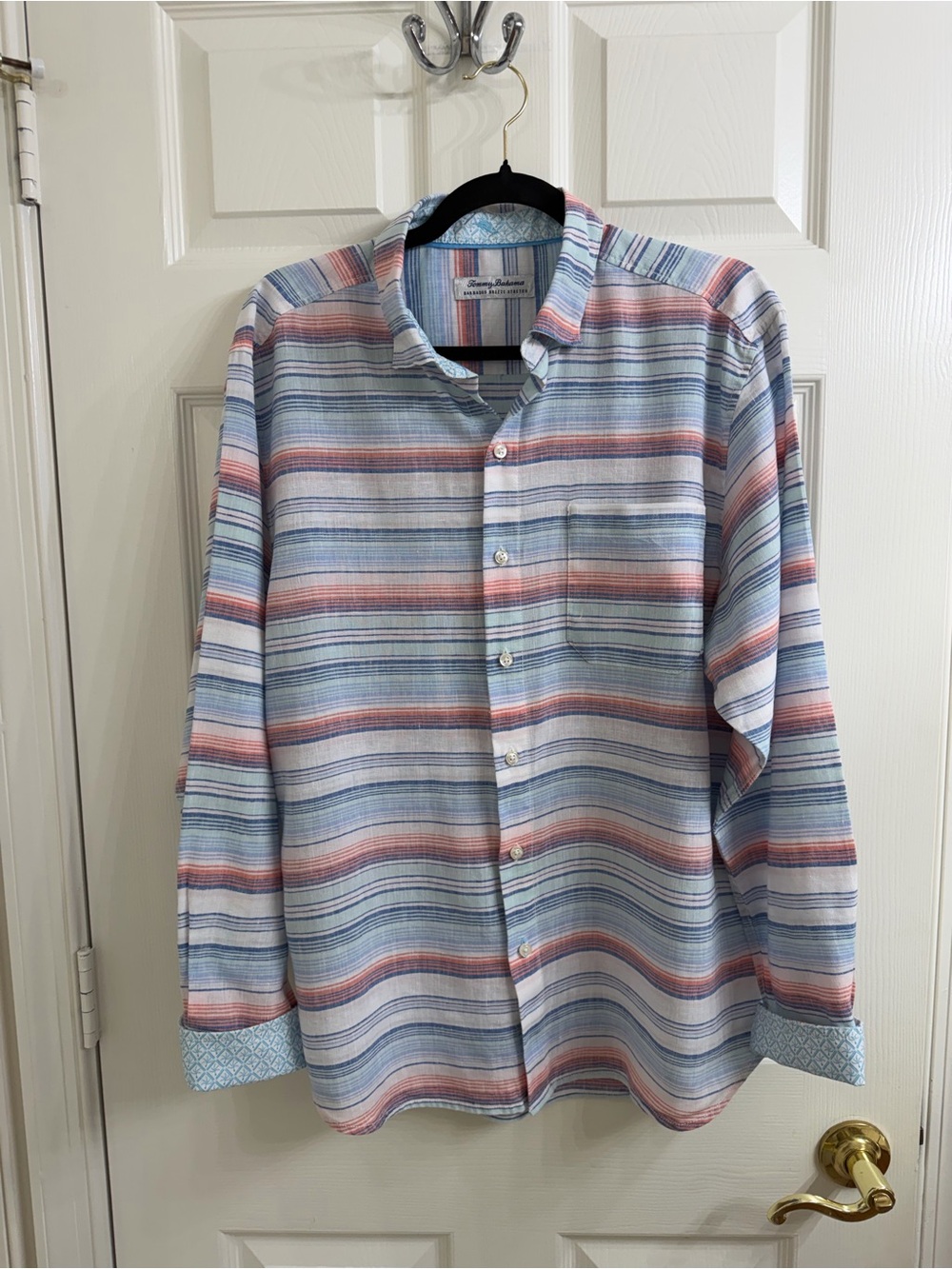Tommy Bahama Striped Button-Down Shirt in Blue, Coral & White Size M